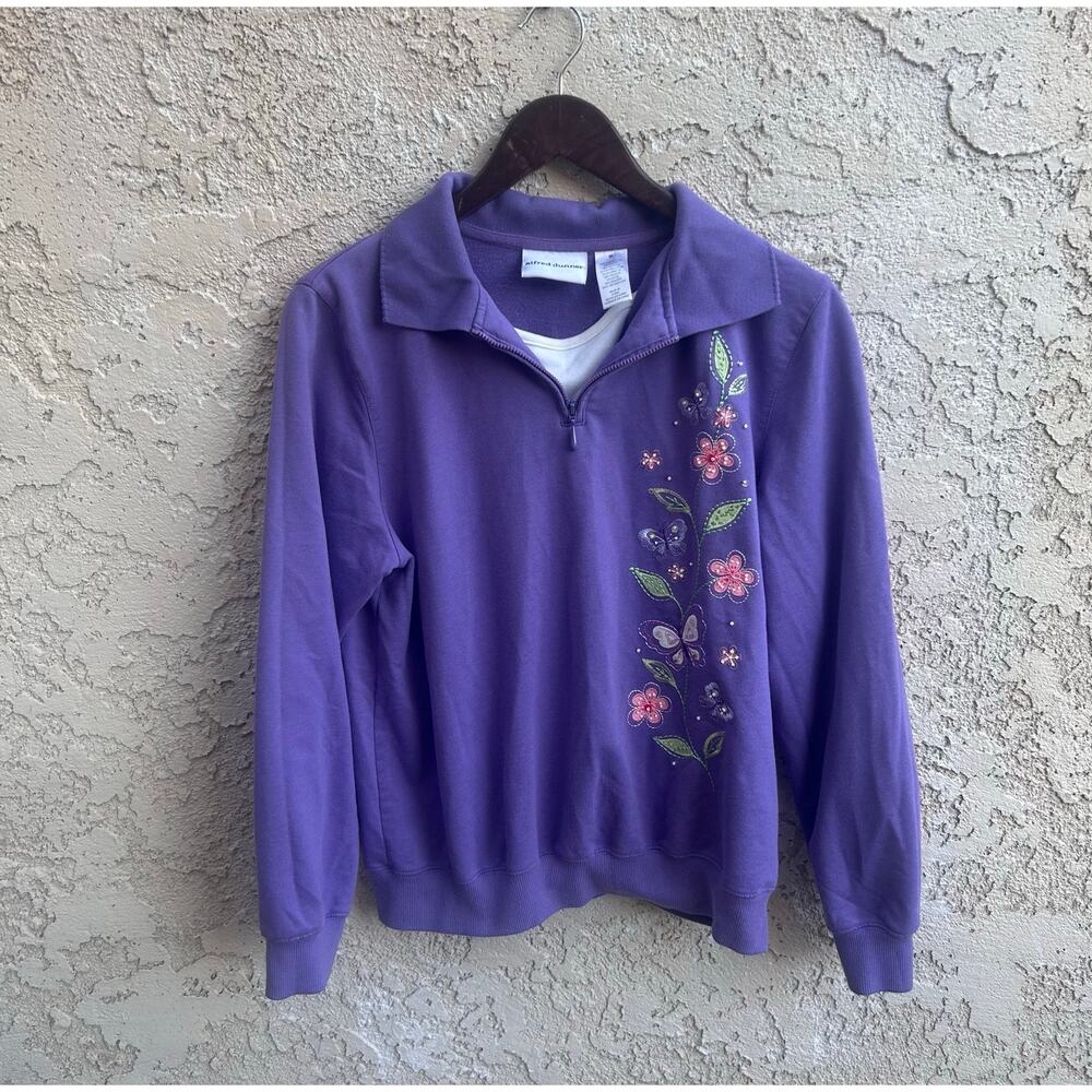 Vintage Alfred Dunner Purple Floral Butterfly Quarter Zip Sweatshirt L